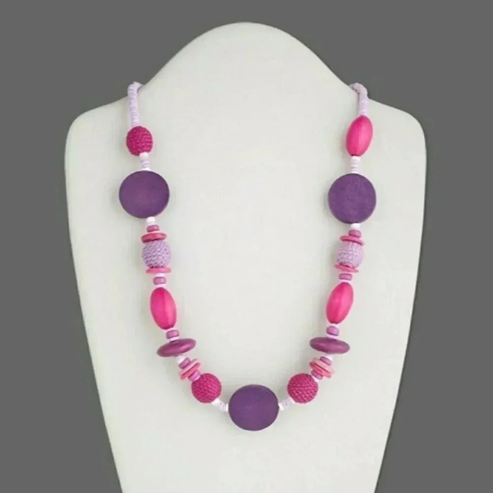 Hand Crafted Pink Purple Ethnic Wood Clam Shell Long Necklace